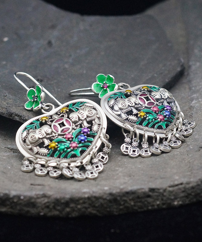 Green Sterling Silver Heart Tassel Drop Earrings