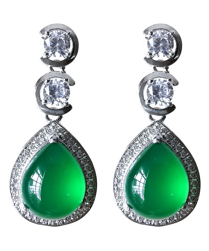 Green Sterling Silver Inlaid Zircon Chalcedony Water Drop Drop Earrings