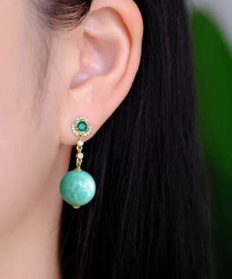 Green Sterling Silver Overgild Jade Crystal Zircon Drop Earrings