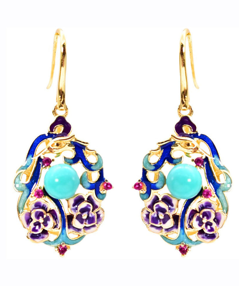 Light Green Sterling Silver Overgild Cloisonne Turquoise Drop Earrings