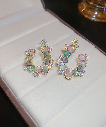Rainbow Copper Zircon Crystal Asymmetric U Shaped Hoop Earrings