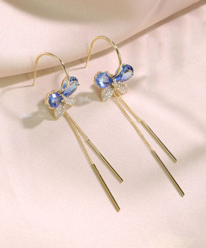 Blue Alloy Zircon Butterfly Tassel Drop Earrings