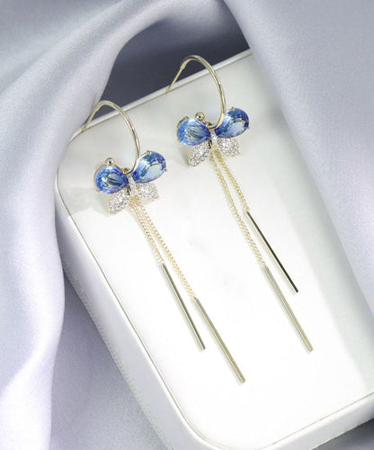 Blue Alloy Zircon Butterfly Tassel Drop Earrings