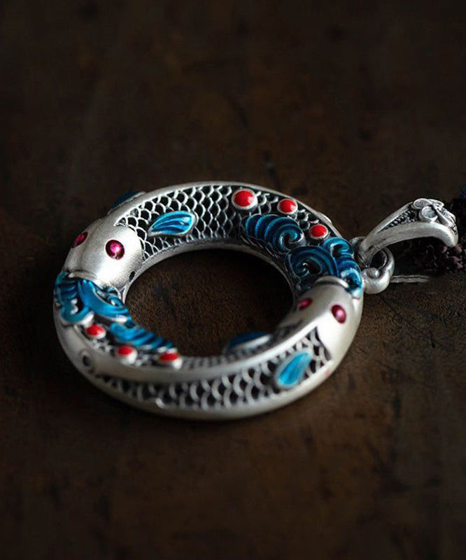 Blue Sterling Silver Cloisonne Lucky Charm Pendant Necklace
