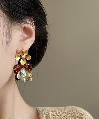 Brown Copper Overgild Zircon Asymmetrical Tassel Drop Earrings