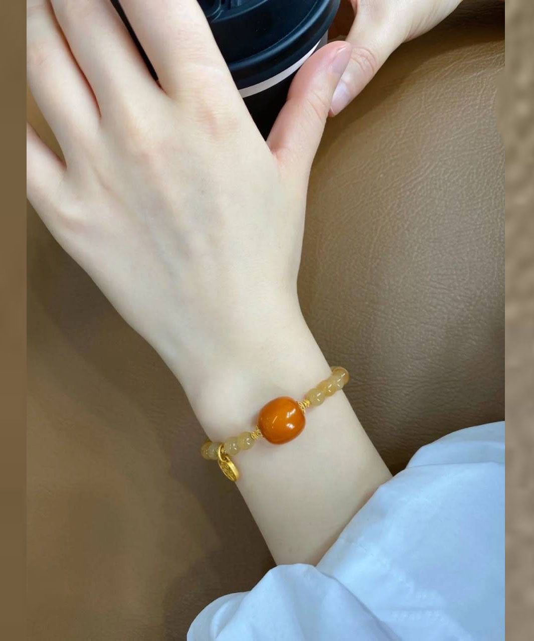 Caramel 14k Gold Beeswax Chalcedony Chain Bracelet