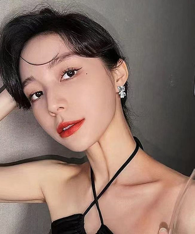 Copper Zircon Asymmetrical Little Bear Love Lock Stud Earrings