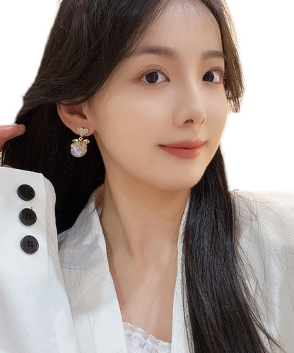 Gold Alloy Zircon Pearl Bow Love Drop Earrings