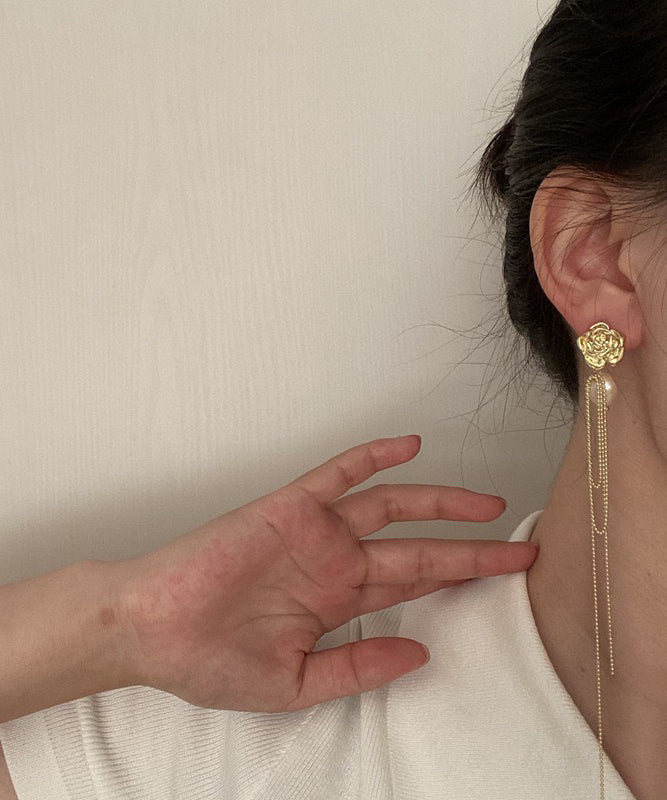 Gold Overgild Pearl Long Tassel Drop Earrings