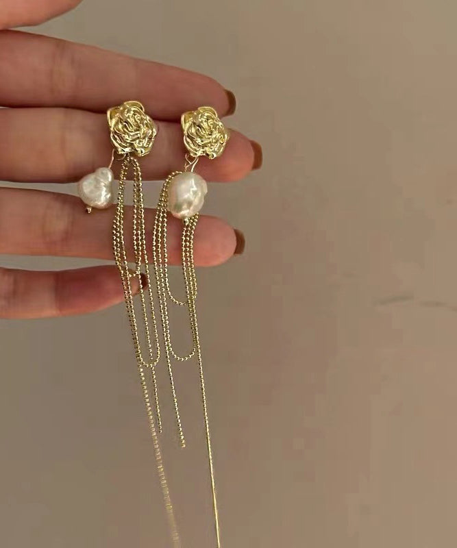 Gold Overgild Pearl Long Tassel Drop Earrings Ly1804