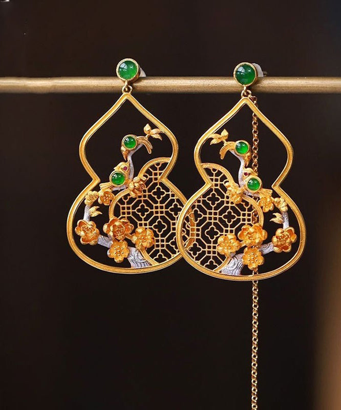Gold Sterling Silver Overgild Jade Hollowed Out Drop Earrings