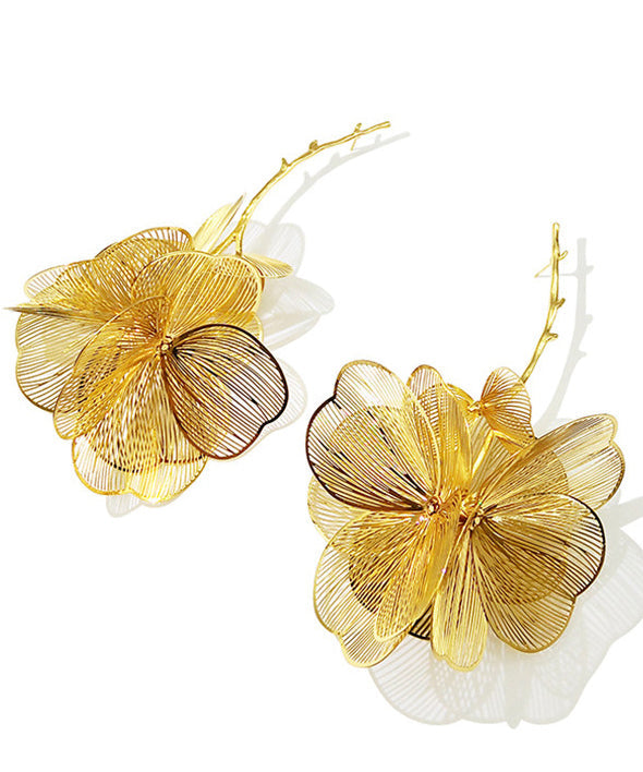 Golden Large Flower Metal Drop Earrings
