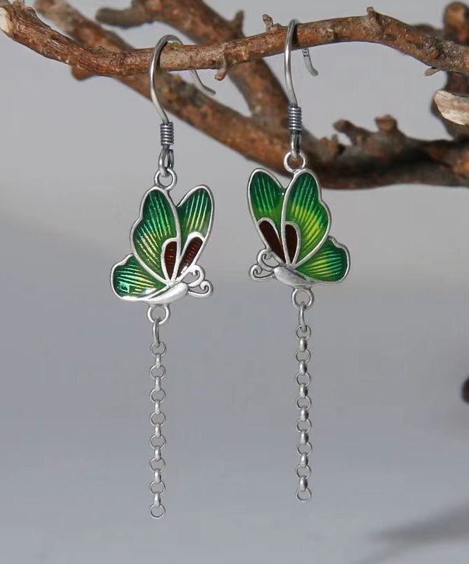 Green Butterfly Patchwork Silver Drop Earrings