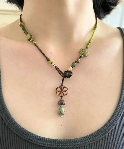 Green Hand Woven Beading Lariat Necklace Qu023
