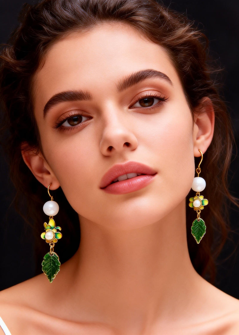 Green Leaf Metal Fine Pearl Drop Earrings