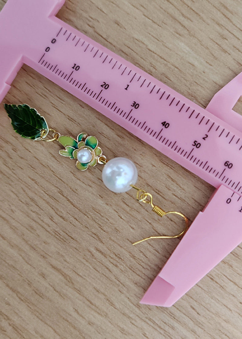 Green Leaf Metal Fine Pearl Drop Earrings