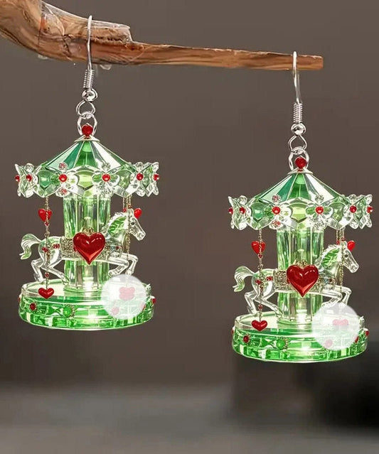 Green Stainless Steel Acrylic Crystal Carousel Drop Earrings