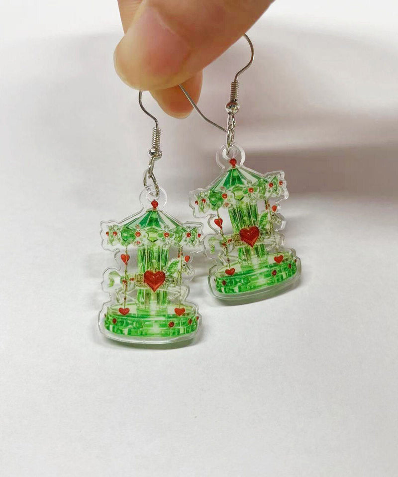 Green Stainless Steel Acrylic Crystal Carousel Drop Earrings