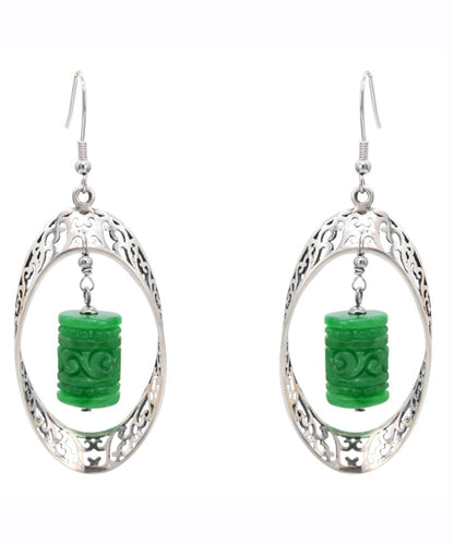 Green Sterling Silver Jade Dry Green Hollow Out Drop Earrings