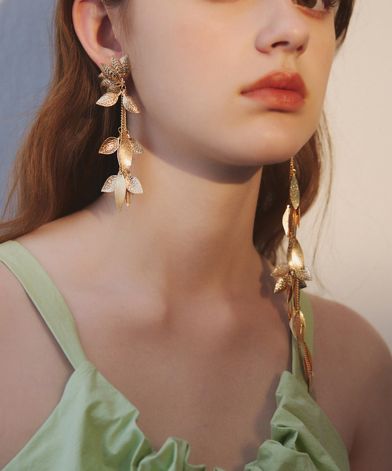 Low High Design Leaf Tasseled Metal Drop Earrings