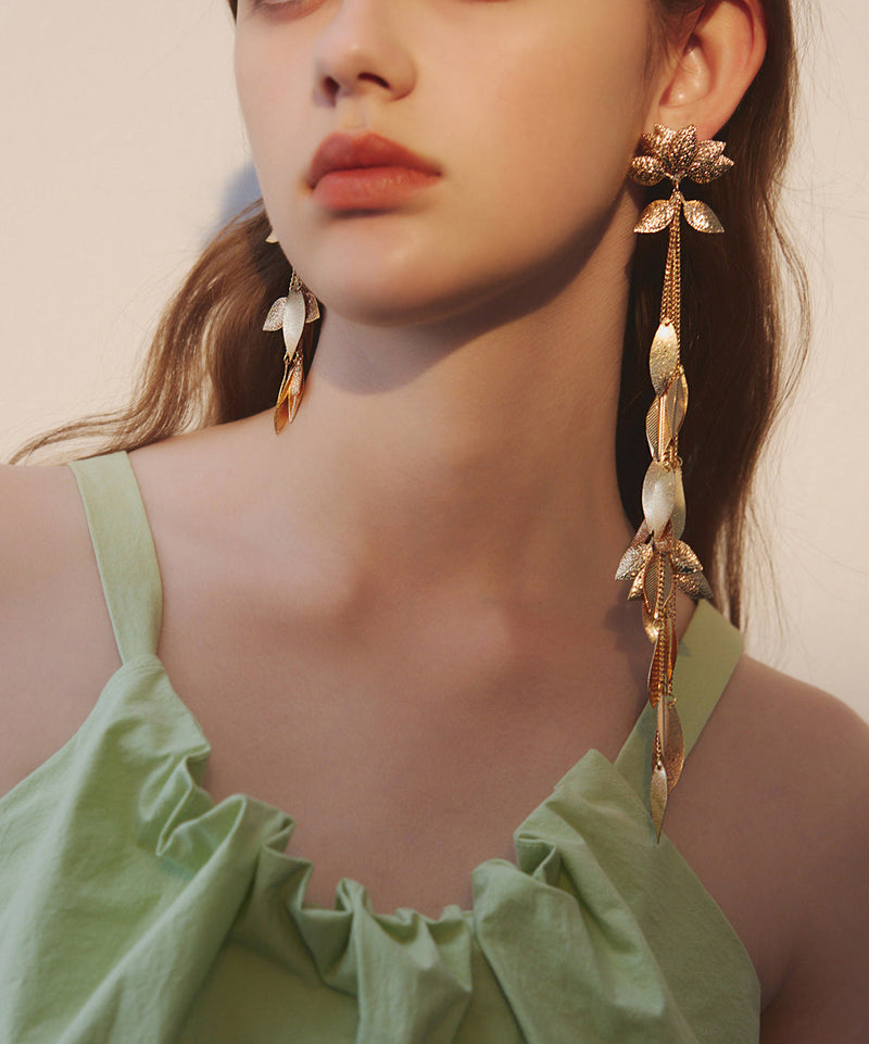 Low High Design Leaf Tasseled Metal Drop Earrings