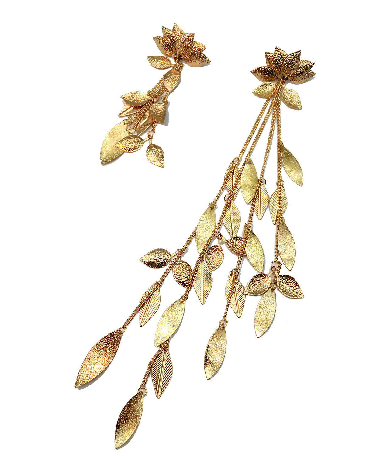 Low High Design Leaf Tasseled Metal Drop Earrings