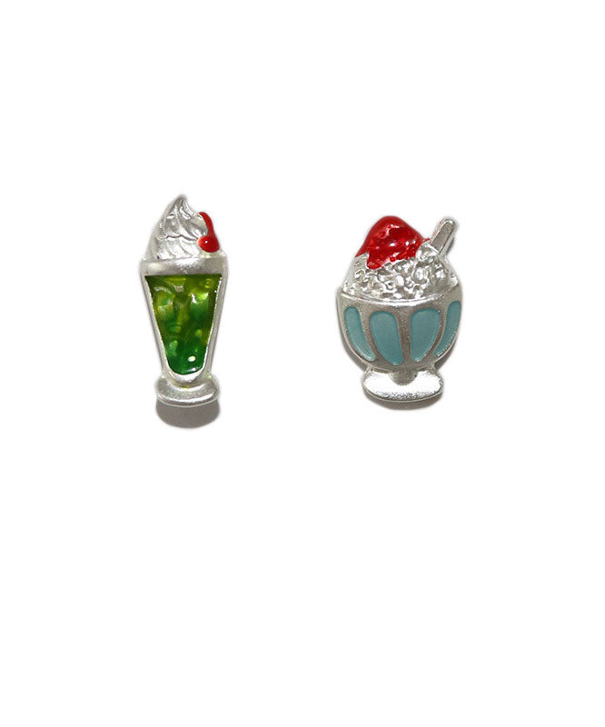 Multicolour Asymmetrical Design Ice Cream and Sundae Metal Silver Stud Earrings
