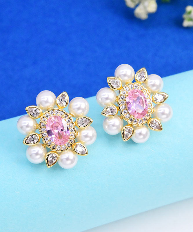 Pink Sterling Silver Crystal Pearl Zircon Stud Earrings