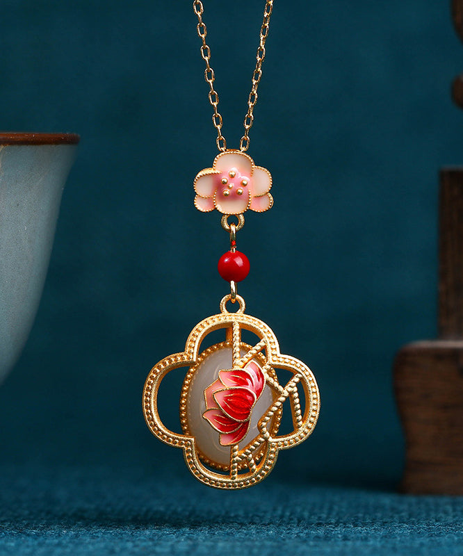 Red Ancient Gold Inlaid Jade Lotus Flower Agate Pendant Necklace