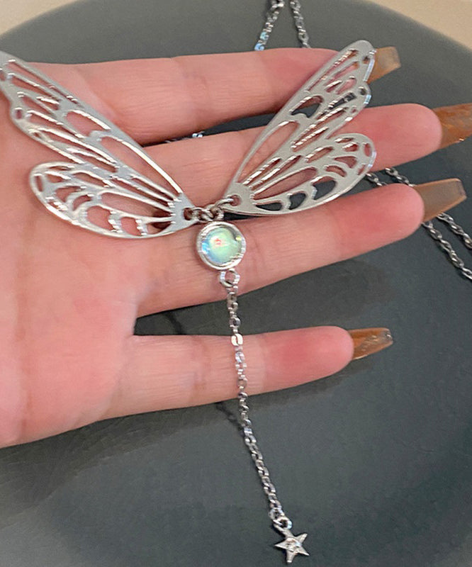 Silk Alloy Gem Stone Butterfly Wing Tassel Pendant Necklace Qq047