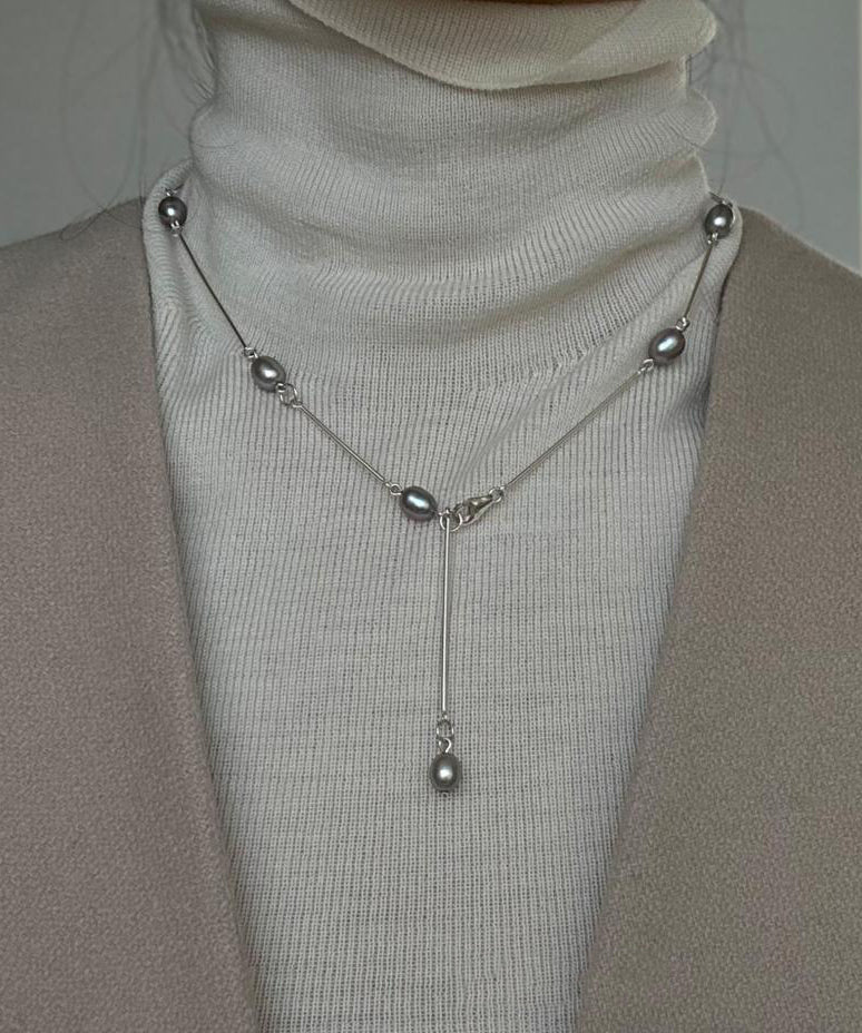 Silk Stainless Steel Pearl Lariat Necklace Qj015
