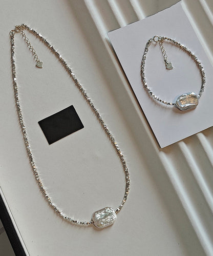 Silver Asymmetric Pearl Adjustable Two Piece Set Pendant Necklace