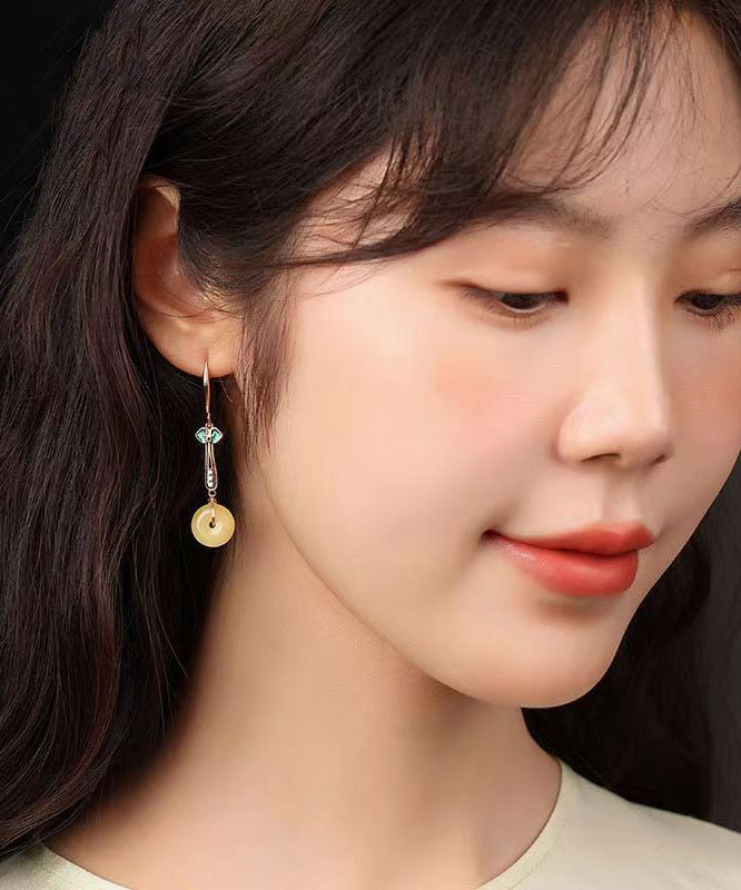 Silver Zircon Yellow Jade Drop Earrings