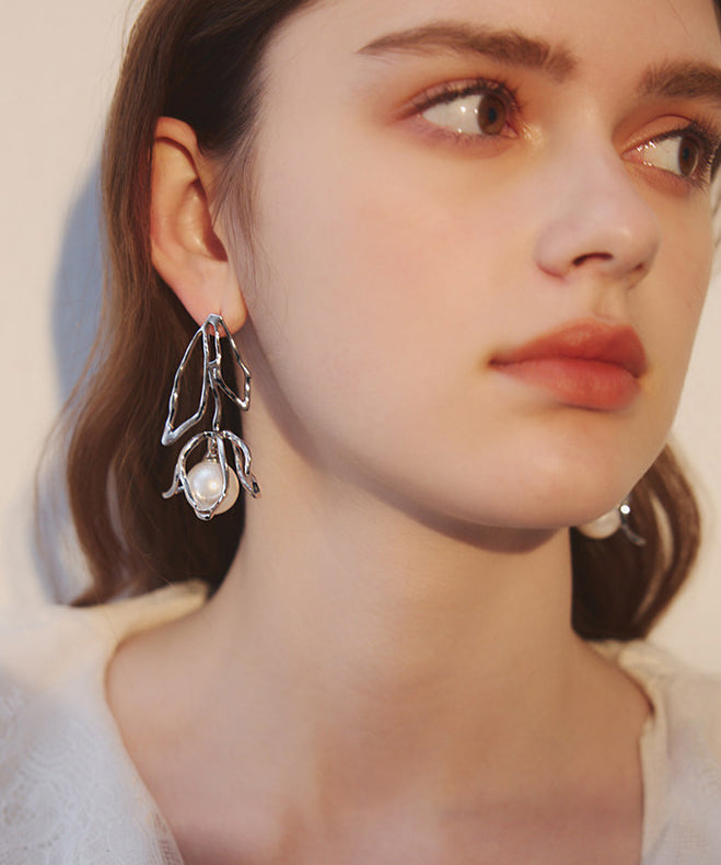 Silvery Rose Stereoscopic Fine Pearl Drop Earrings