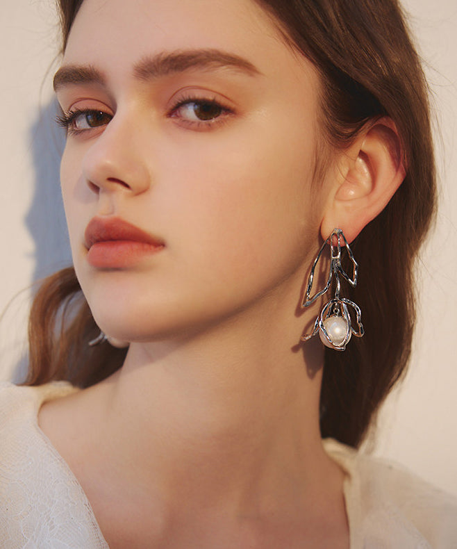 Silvery Rose Stereoscopic Fine Pearl Drop Earrings