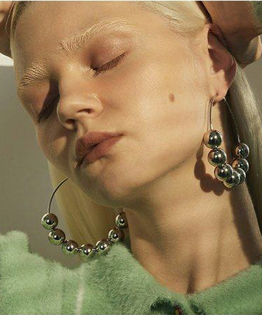 Silvery Round Beads Metal Hoop Earrings