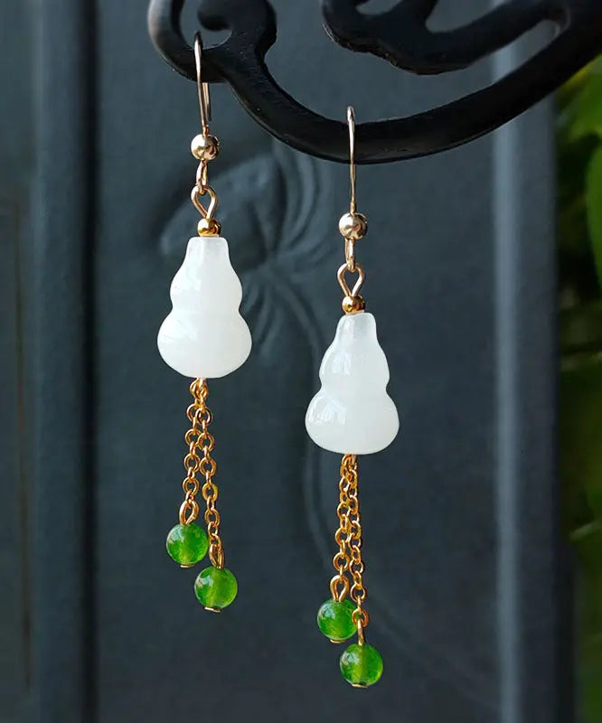 14k Gold Jade Gourd Gem Stone Tassel Drop Earrings
