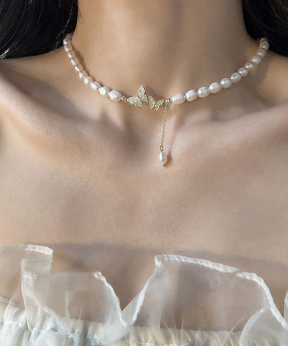White Sterling Silver Alloy Zircon Butterfly Pearl Lariat Necklace Wf023