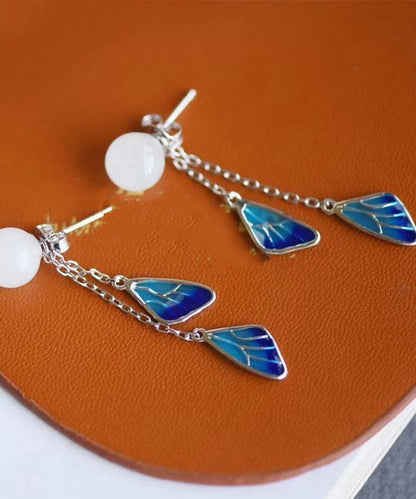 White Sterling Silver Inlaid Jade Enamel Tassel Drop Earrings