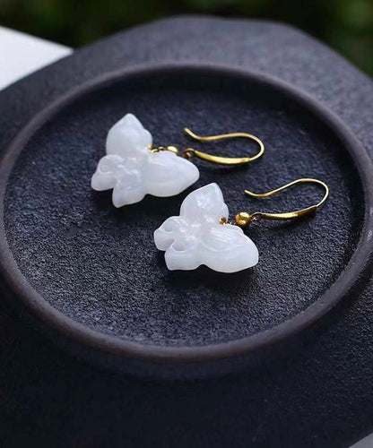White Sterling Silver Overgild Jade Butterfly Drop Earrings