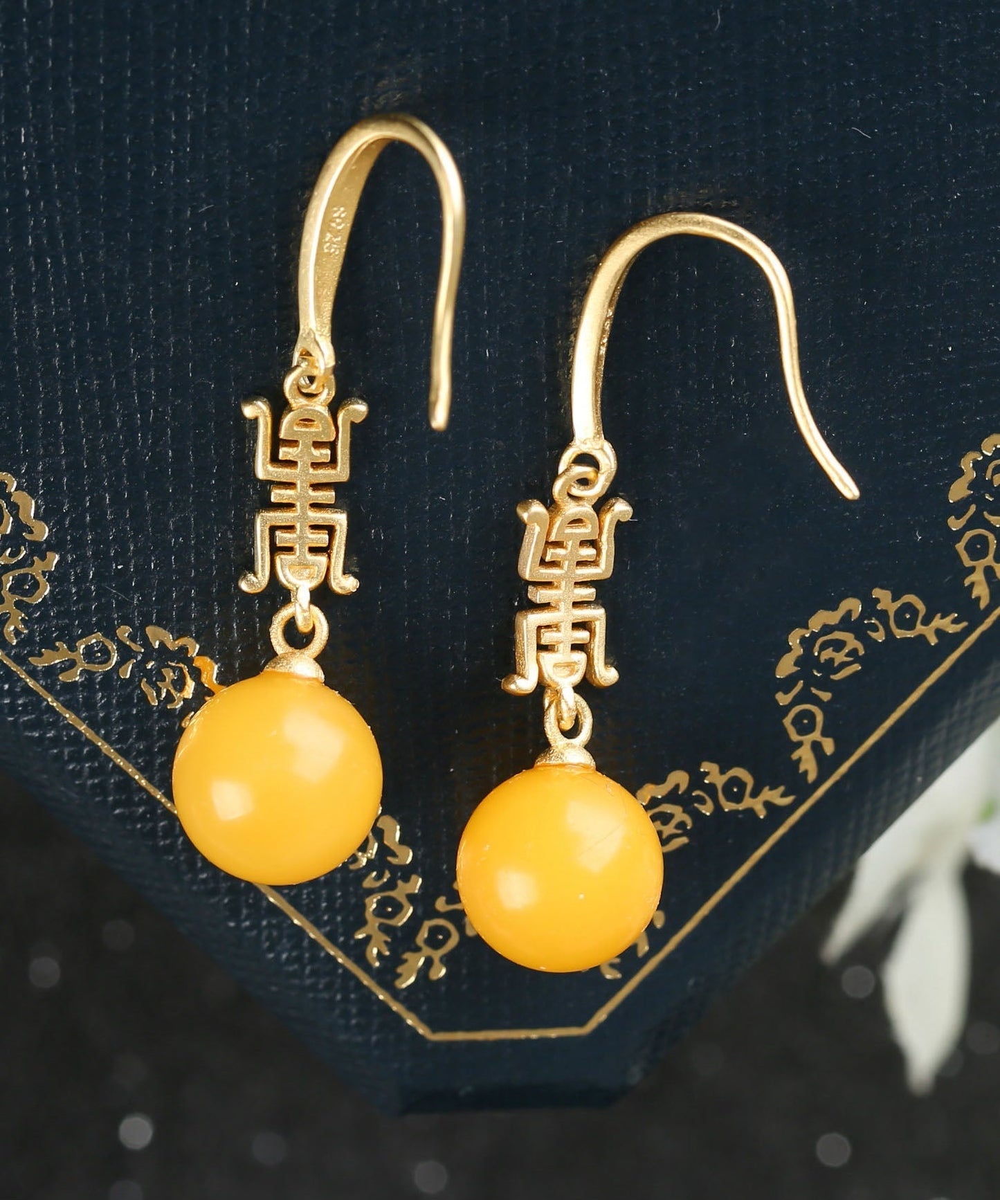Yellow Sterling Silver Overgild Inlaid Spheroidal Beeswax Drop Earrings