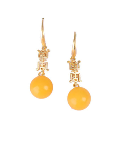 Yellow Sterling Silver Overgild Inlaid Spheroidal Beeswax Drop Earrings