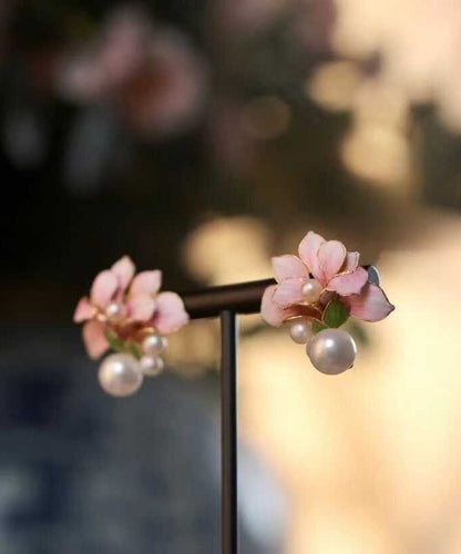 Chinese Styl Pink Sterling Silver Overgild Pearl Stud Earrings