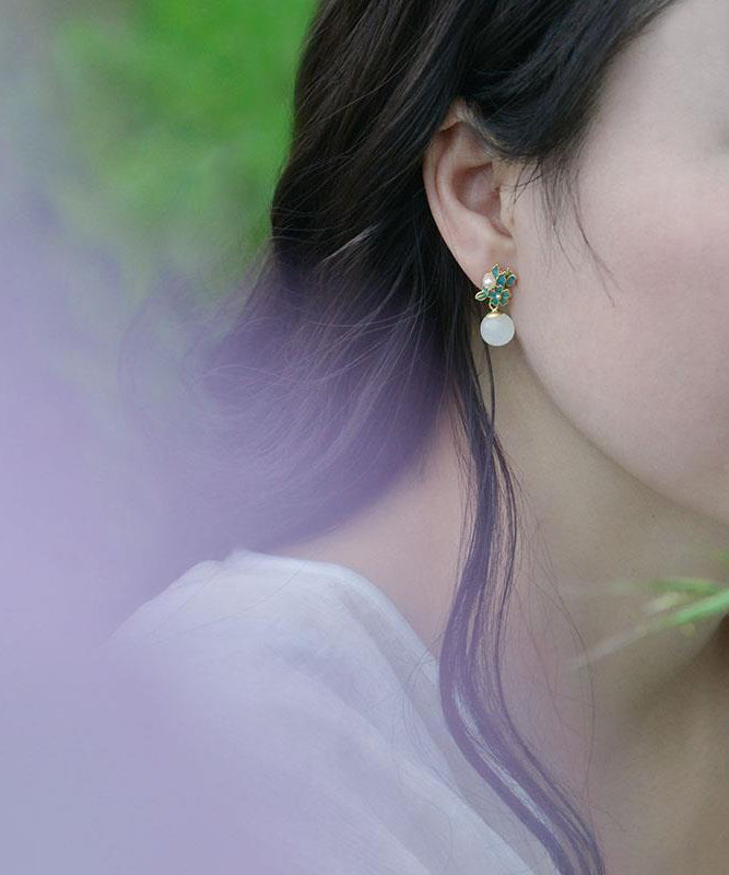 Chinese Style Blue Ancient Gold Jade Pearl Drop Earrings