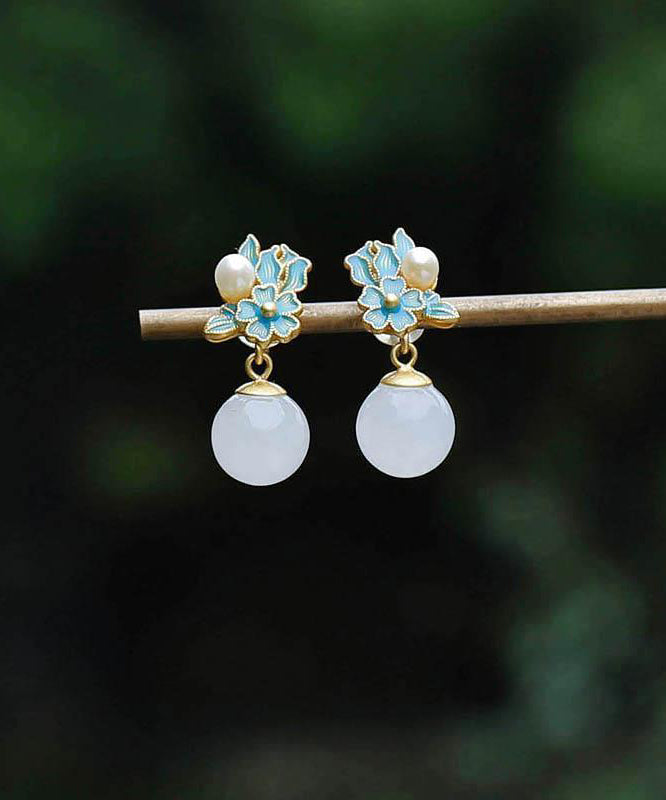 Chinese Style Blue Ancient Gold Jade Pearl Drop Earrings