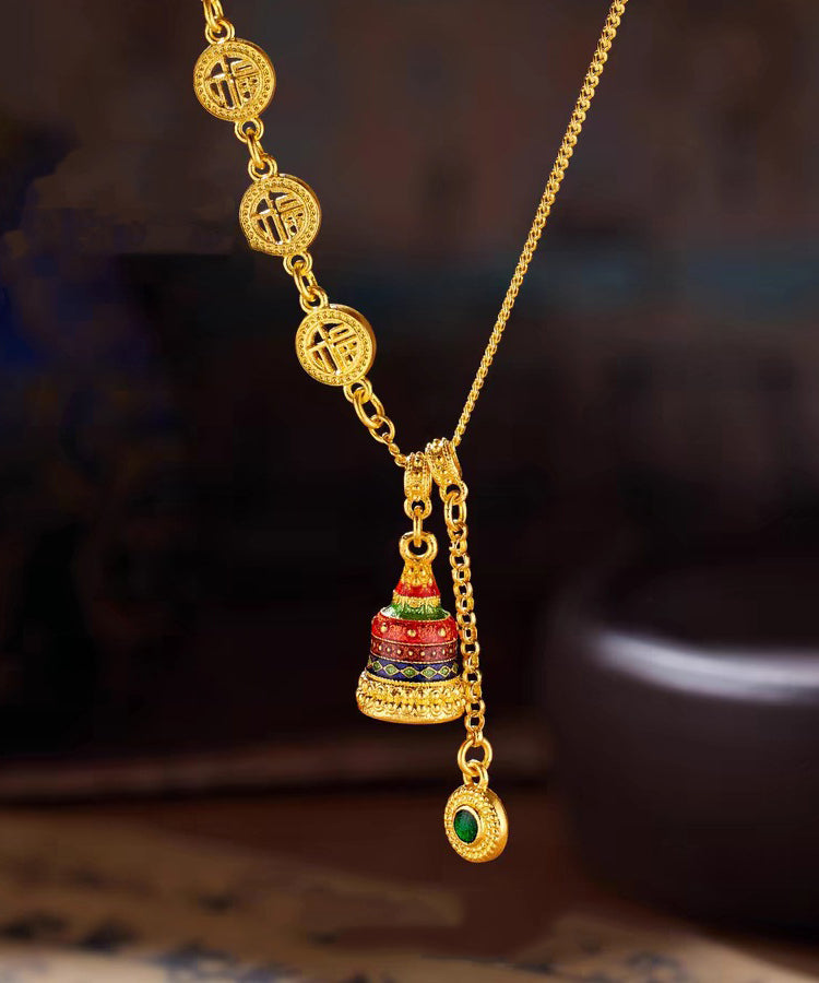 Chinese Style Gold Ancient Gold Crystal Enamel Lariat Necklace Yi031