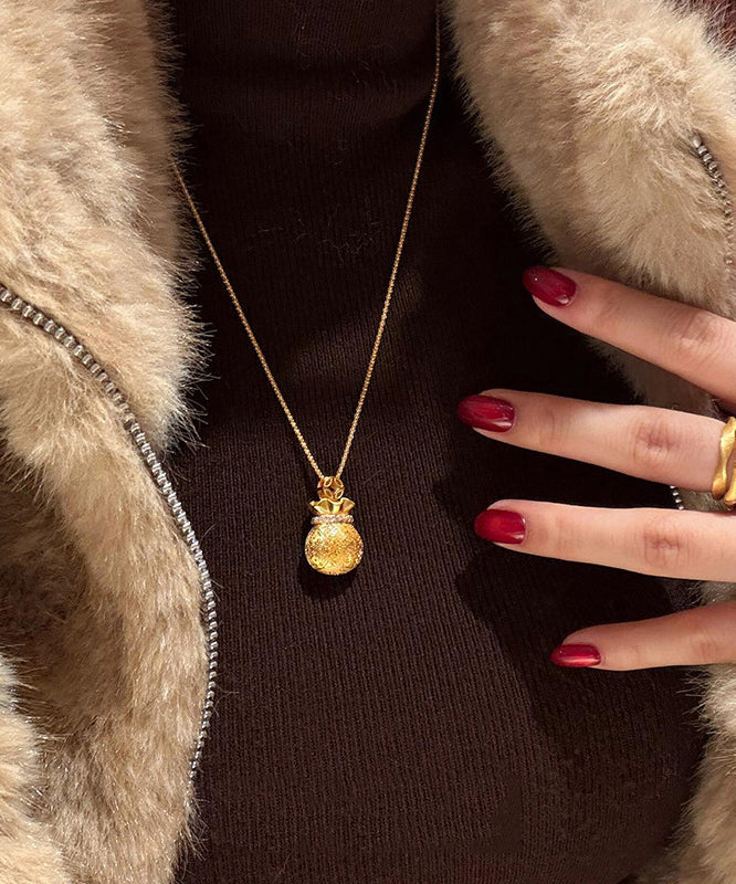 Chinese Style Gold Copper Overgild Zircon Lucky Bag Pendant Necklace