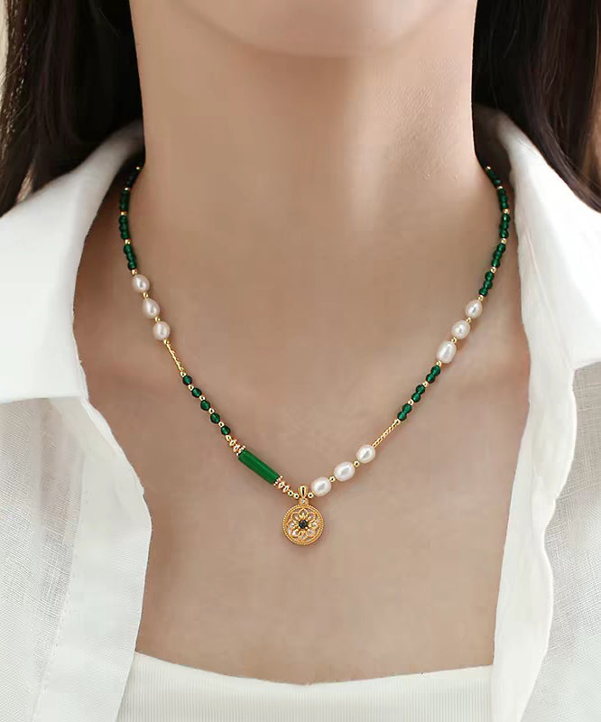 Chinese Style Green Copper Alloy Crystal Patchwork Beading Pendant Necklace