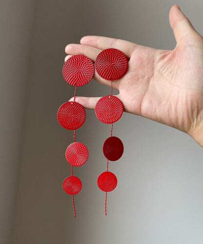 Chinese Style Red Metal Sequins Tassel Drop Earrings