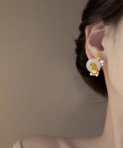 Chinese Style White Copper Overgild Jade Pearl Koi Fish Hoop Earrings